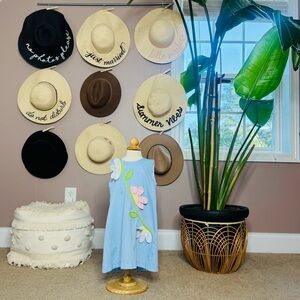 Blue Floral Dress with Pink and Green Accents
